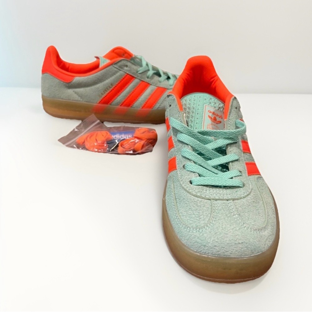 adidas Originals Mint Green Suede Sneakers with Orange Accents - Picture 3 of 11